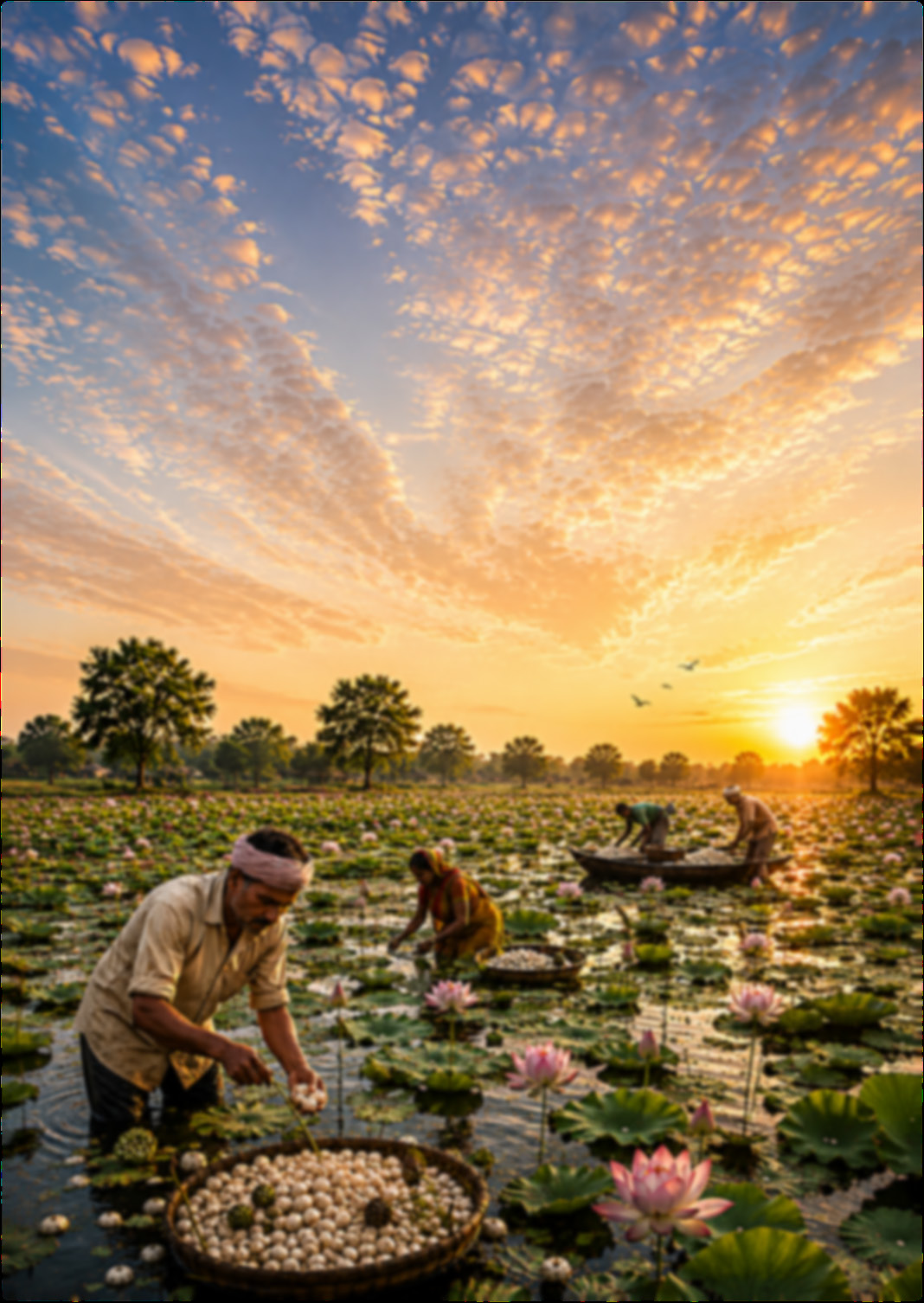 Lotus wetlands of Bihar where makhana is harvested at dawn