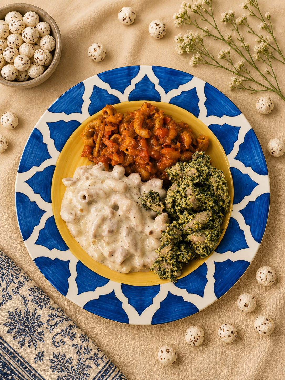 A trio of makhana pasta plated on hand-painted blue ceramic